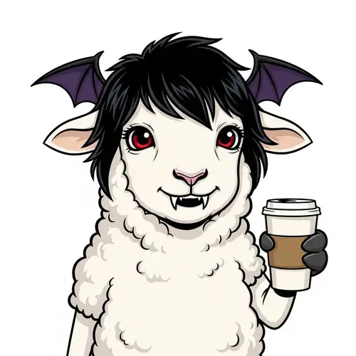 Whimsical Sheep Fursona with Black Bat Ears and Cherry Red Eyes