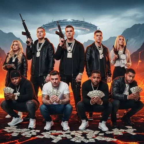 Futuristic Scene with Diverse Characters and Wealth Imagery