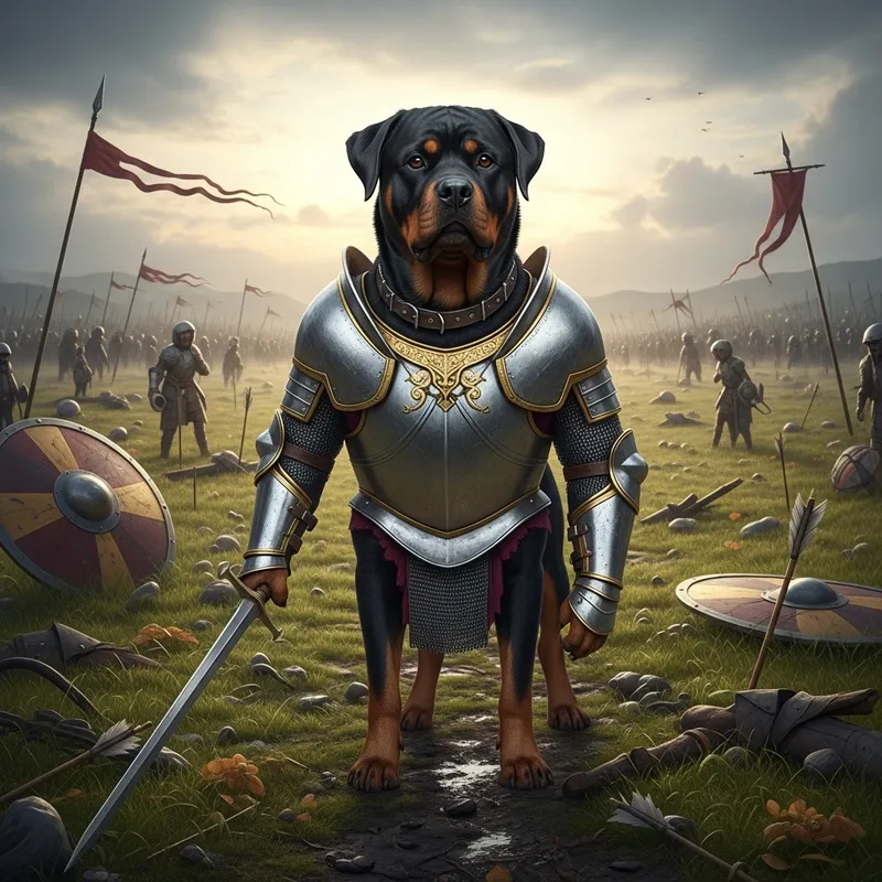 Resilient Rottweiler Warrior in Armor on Battlefield Resilient Rottweiler Warrior in Armor on Battlefield
