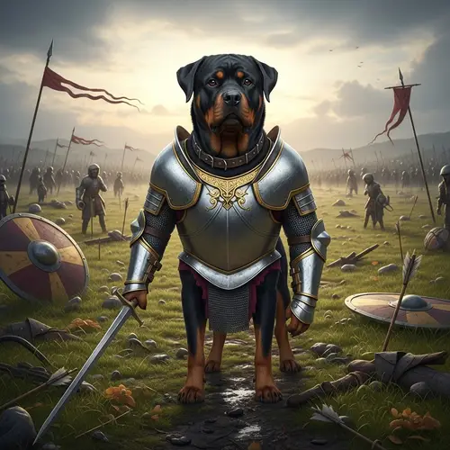 Rottweiler in Armor on Battlefield - Resilient Canine Warrior
