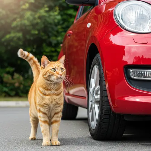Vibrant Orange Cat and Glossy Red Car Scene