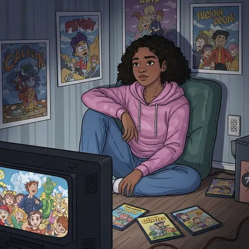 Mixed-Race Young Girl in Cozy Anime Room Illustration