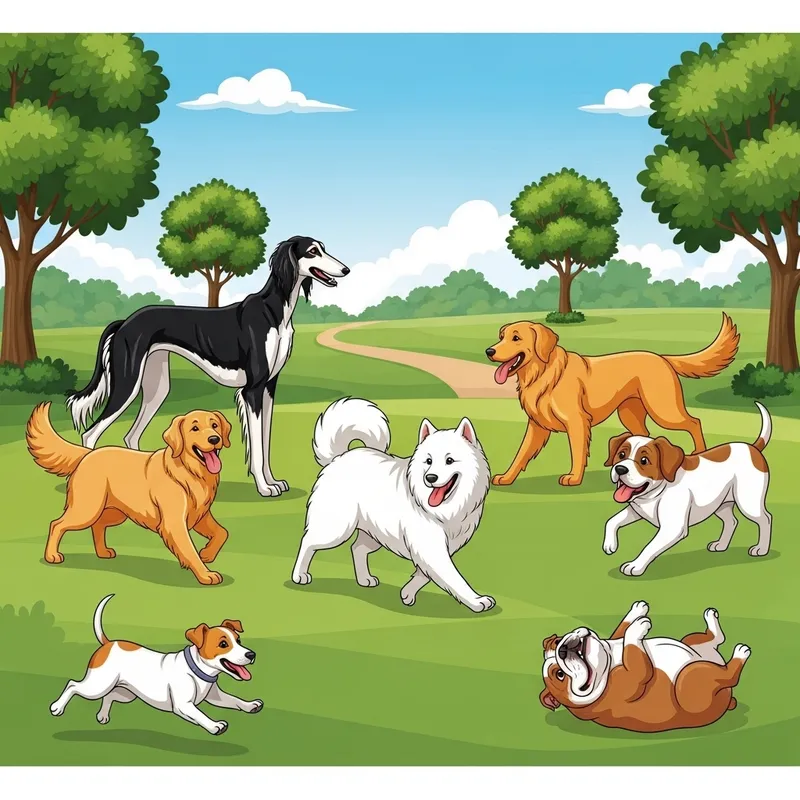 Serene Park Scene: 5 Dog Breeds Including Saluki
