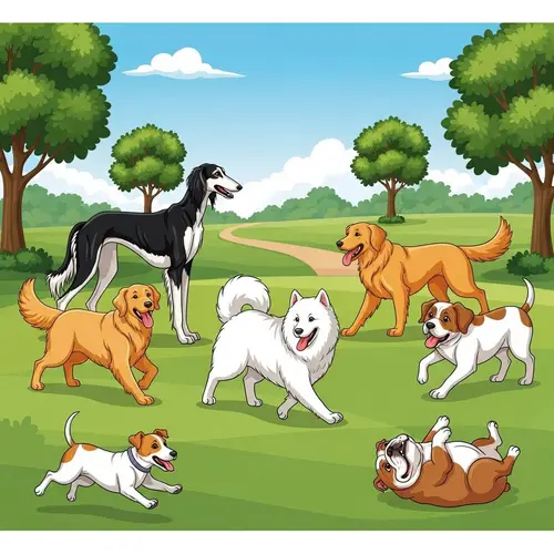 Serene Park Scene: Playful Dogs, Saluki and More Breeds