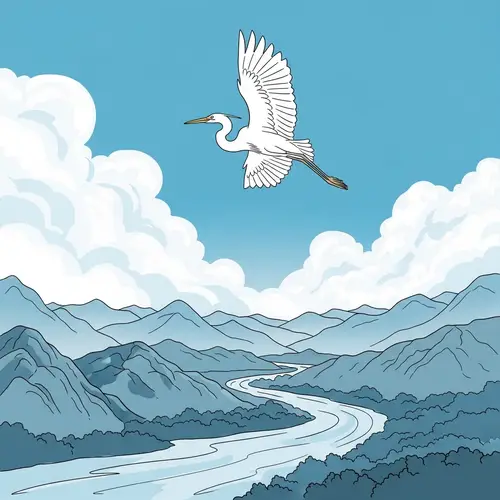 White Egret Flying in Clear Blue Sky over River and Mountains