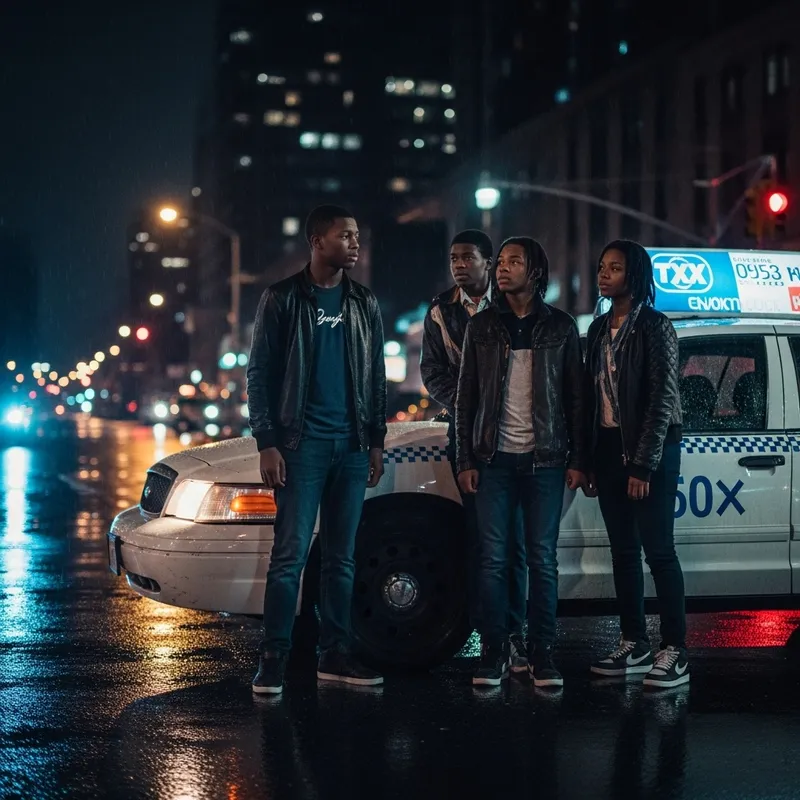 Moody Urban Night Scene Featuring African-American Teens by Taxi Cab
