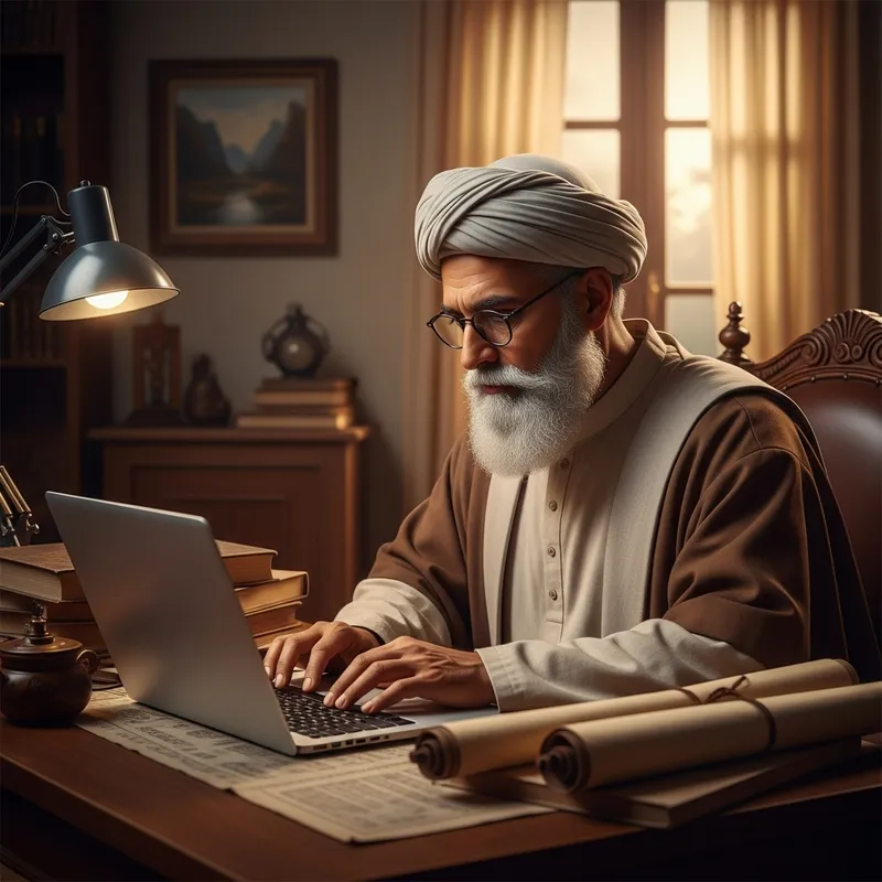 Elderly South Asian Chronicler Typing on Laptop | Bridge of Old and New Worlds