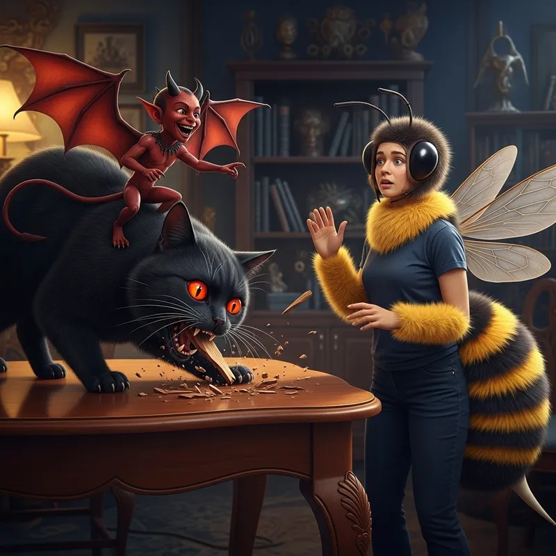 Cat Eating Brown Table with Demon and Bee-Person