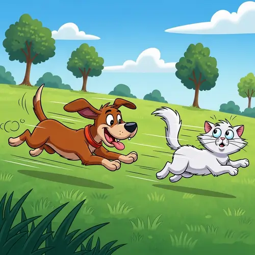 Energetic Brown Dog Chasing Fluffy White Cat in Green Park