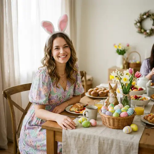 Easter Breakfast Model in Bunny Ears & Eggs