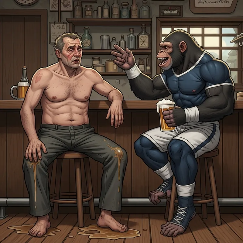 Unkempt Man and Muscular Ape in Rustic Cantina: A Bizarre Encounter Unkempt Man and Muscular Ape in Rustic Cantina: A Bizarre Encounter
