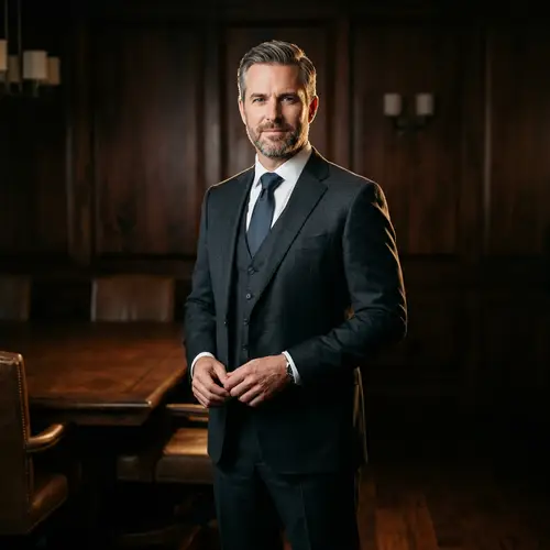Confident Boardroom Portrait with Dramatic Lighting