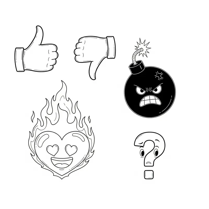 Minimalist Emoji Icons: Thumb Up, Thumb Down, Angry Bomb, Flaming Heart, Question, Iconography