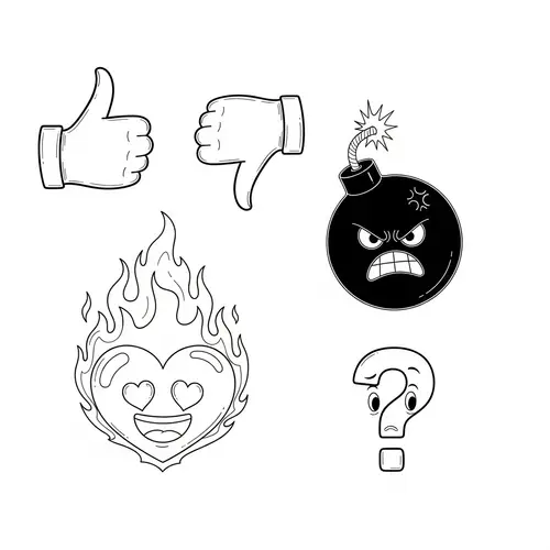 Minimalist Line Art Illustration: Thumbs-up, Thumbs-down, Angry Bomb, Burning Heart, Confused Question Mark