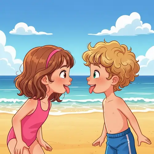 Wavy Hair Girl and Curly Hair Boy Playfully Sticking Tongues Out at Beach