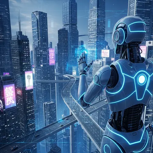 Futuristic Robot Exploring Cybernetic City