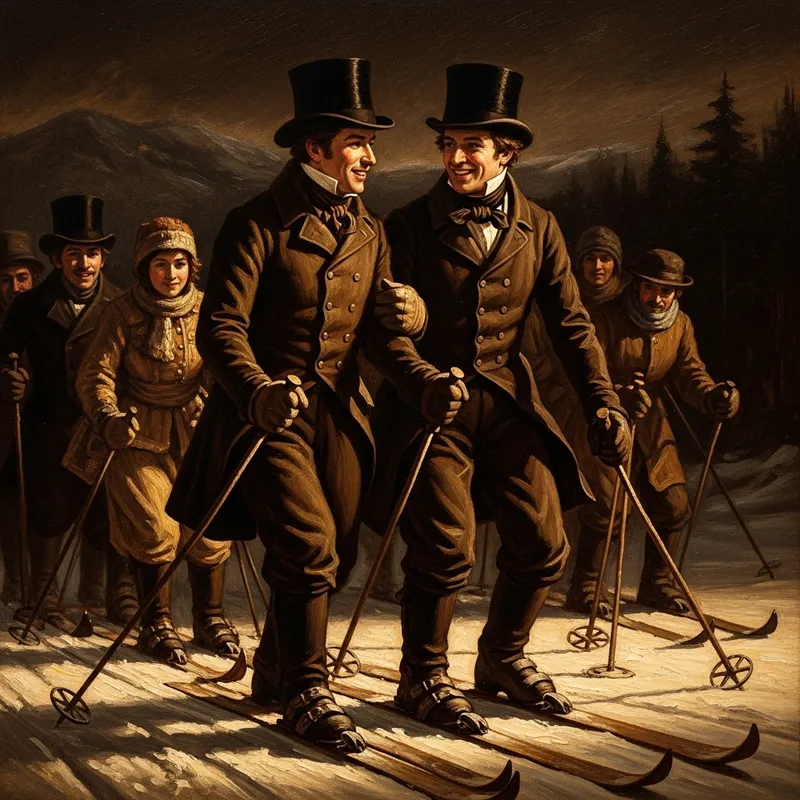 Evgeny Onegin & Vladimir Lensky Skiing with Top Hats - Chiaroscuro Style