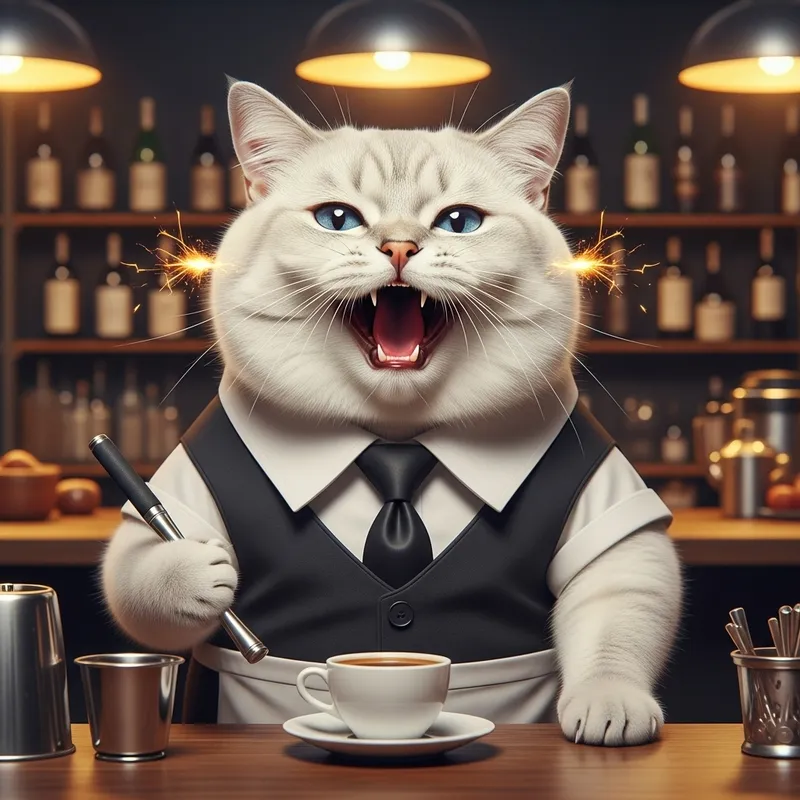 Realistic British Cat in White Waiter Costume Laughing at Café