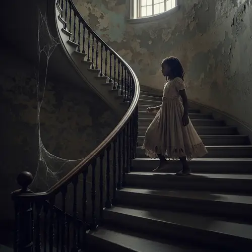 Eerie Ghost Girl Ascending Spiraling Stairwell