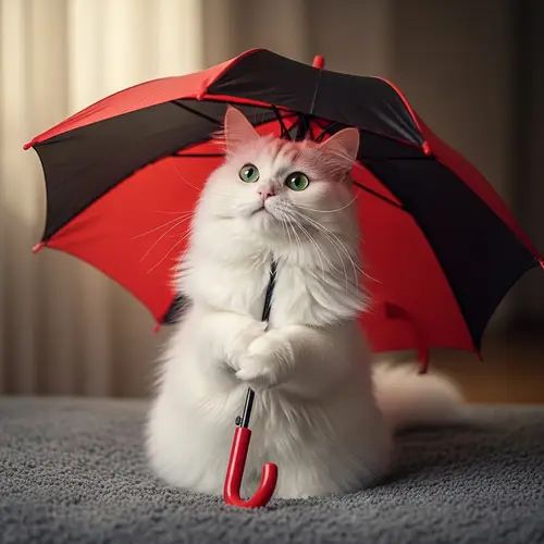 Adorable White Cat with Red and Black Umbrella