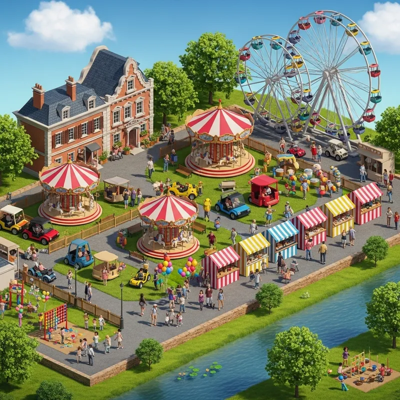 Vibrant Mini Amusement Park with Diverse Attractions | Festive Energy and Vibrancy Vibrant Mini Amusement Park with Diverse Attractions | Festive Energy and Vibrancy