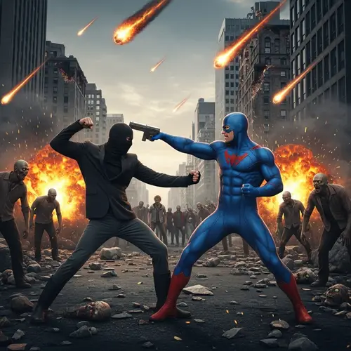 Epic Superhero vs Villain Battle in Post-Apocalyptic Setting