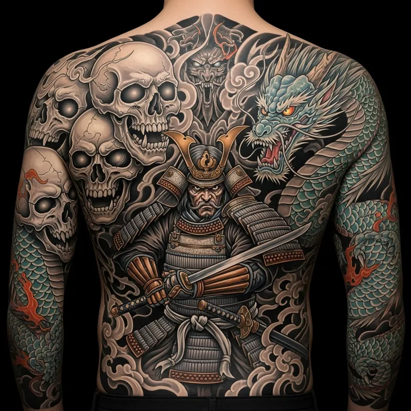 Intricate Back Tattoo: Samurai, Skulls, Dragons & Body Art Intricate Back Tattoo: Samurai, Skulls, Dragons & Body Art