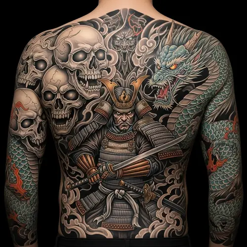 Intricate Back Tattoo: Samurai, Skulls & Dragons