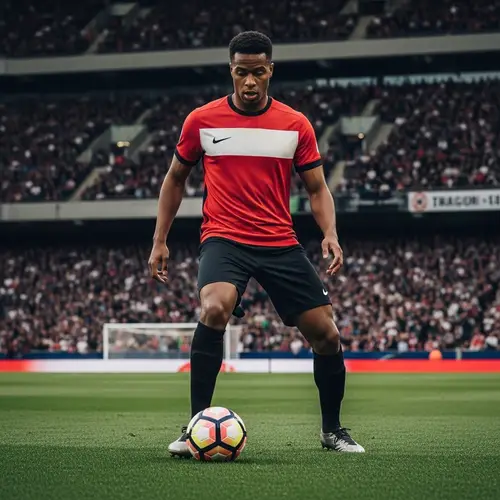 Professional Soccer Player Dribbling Ball on Packed Stadium Field