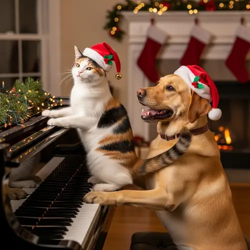 Joyous Cat and Dog Playing Piano with Christmas Hats