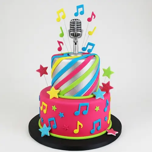 Pop Music Inspired Cake Design: Microphone, Music Notes & Funky Patterns