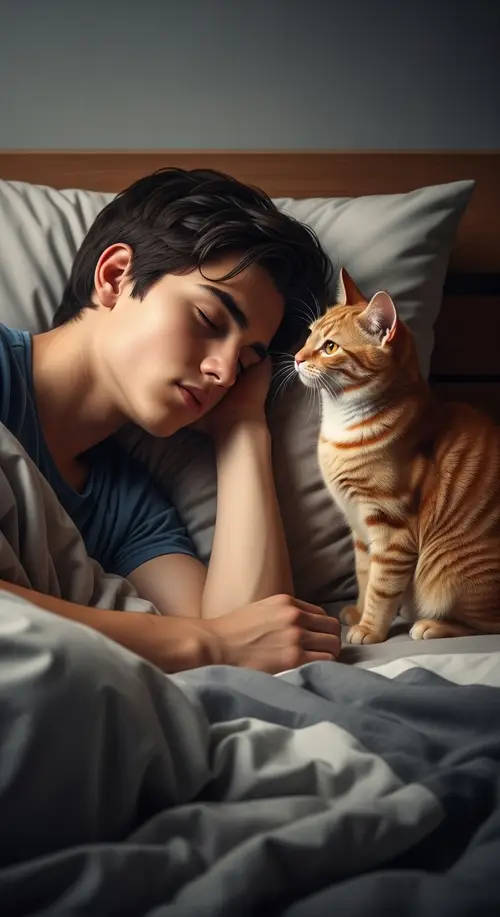 Beautiful 15-Year-Old Boy Sleeping with Ginger Cat in Realistic Style
