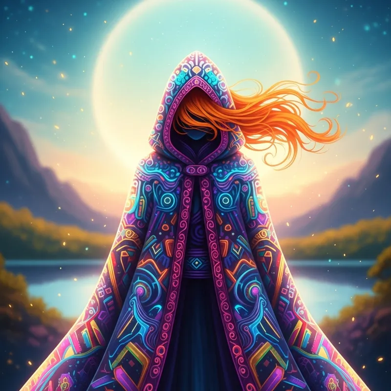 Mysterious Figure: Enigmatic Cloak & Vibrant Colors