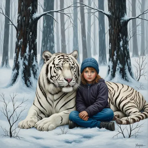 Snowy Forest Oil Painting with Child and White Tiger - Heartwarming Scene of Tranquility
