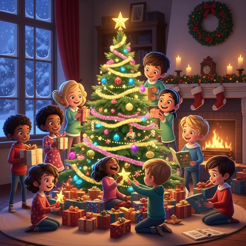 Kids Having Fun Around Christmas Tree | Festive Holiday Illustration