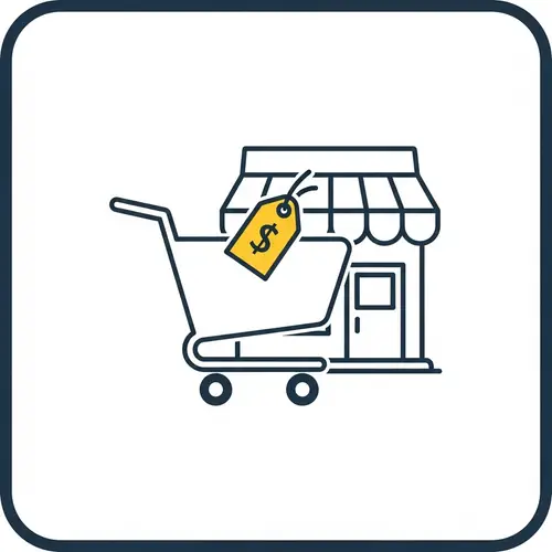 Merchandising Favicon: Shopping Cart, Price Tags & Retail Store