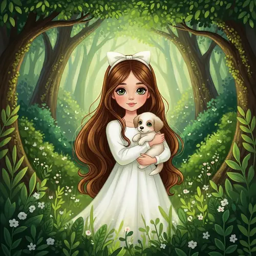 Fairytale Girl with Long Brown Hair and Puppy in Lush Greenery