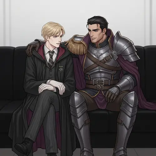 Fantasy Characters in Deep Conversation on Black Sofa