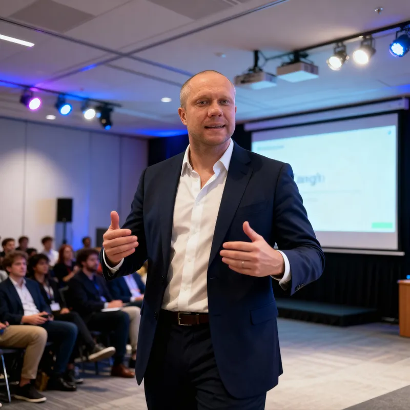 Confident Man in Pitch-Day Outfit at Startup Event