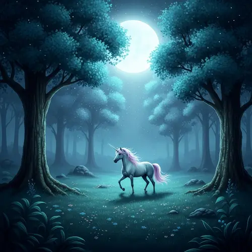 Mystical Forest & Unicorn - Prancing Under Moonlit Sky