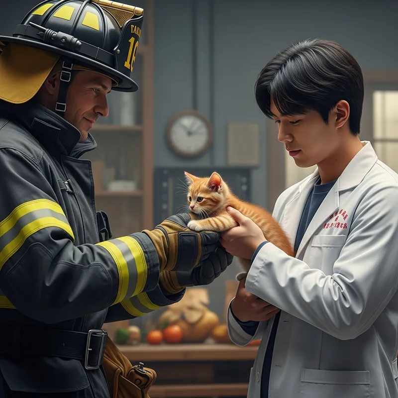 Aesthetic Hyperrealism: Caucasian Firefighter Passes Orange Kitten to Asian Scientist Aesthetic Hyperrealism: Caucasian Firefighter Passes Orange Kitten to Asian Scientist
