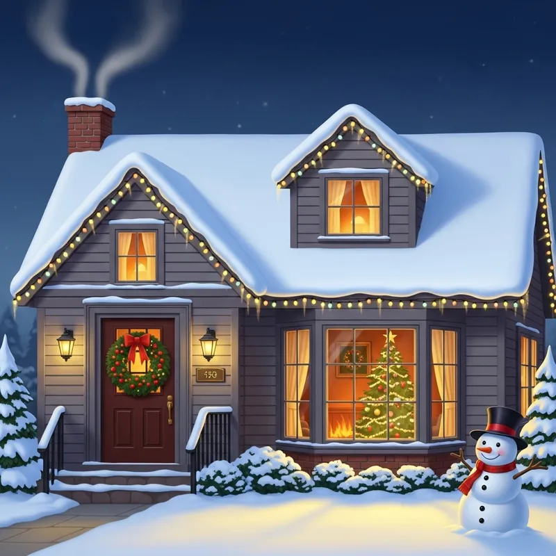 Cozy Christmas House with Snowman & Pine Tree Decoration Cozy Christmas House with Snowman & Pine Tree Decoration