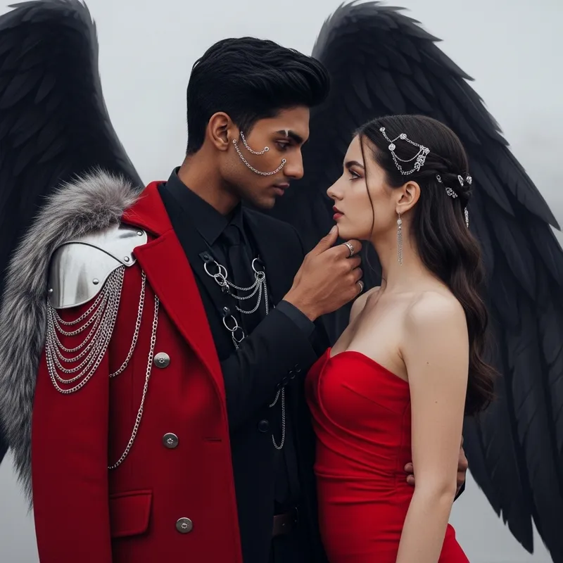 Majestic Dark Angel Embracing Elegant Woman in Red Dress