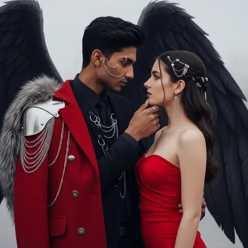 Majestic South Asian Man and Elegant Caucasian Woman in Red Dress
