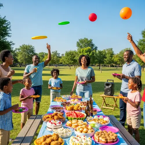 Black Family Lively Park Party: Joyful Gathering Under Clear Sky
