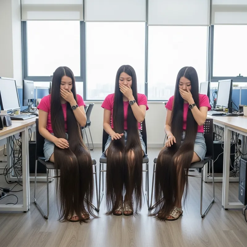 Sunlit Office with Asian Teenage Girls in Pink T-Shirts