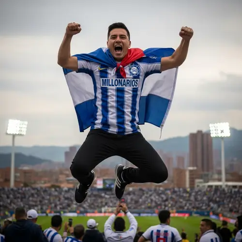 Excited Millonarios Football Fan Jumping in Bogotá