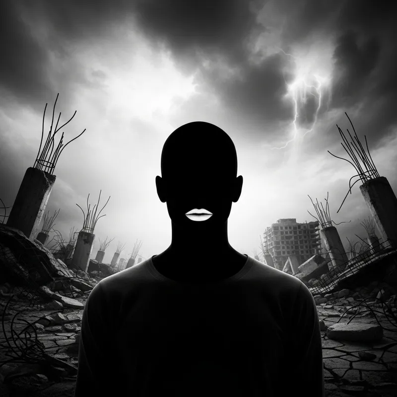 Apocalyptic Black and White Figure Without Eyes or Features