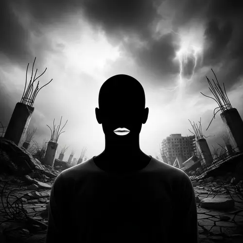 Eerie Black and White Portrait Amid Apocalyptic Landscape