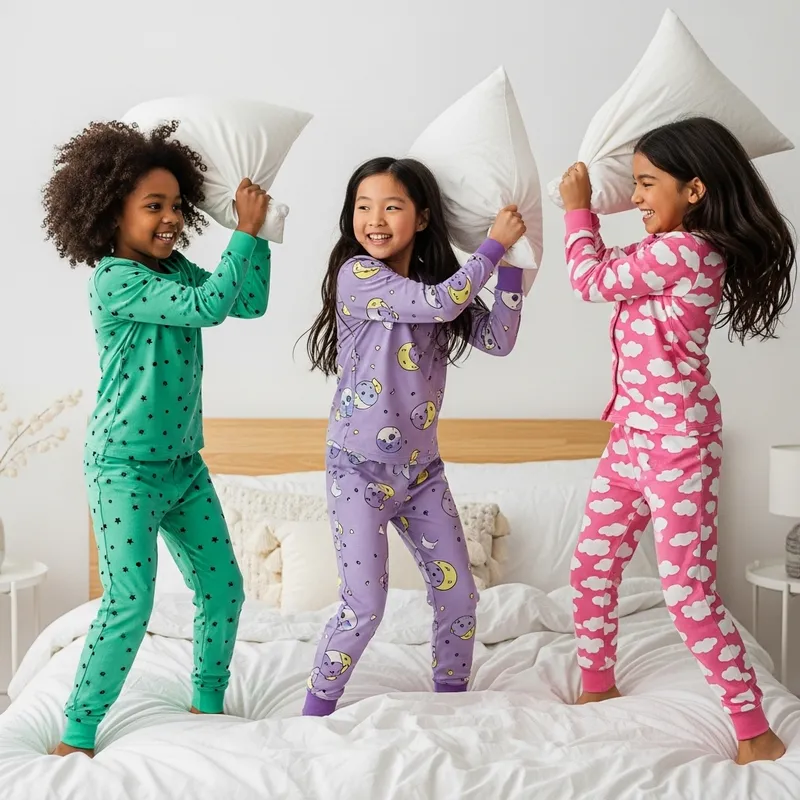 Three Diverse Girls in Cute Pajamas Enjoy Lively Pillow Fight